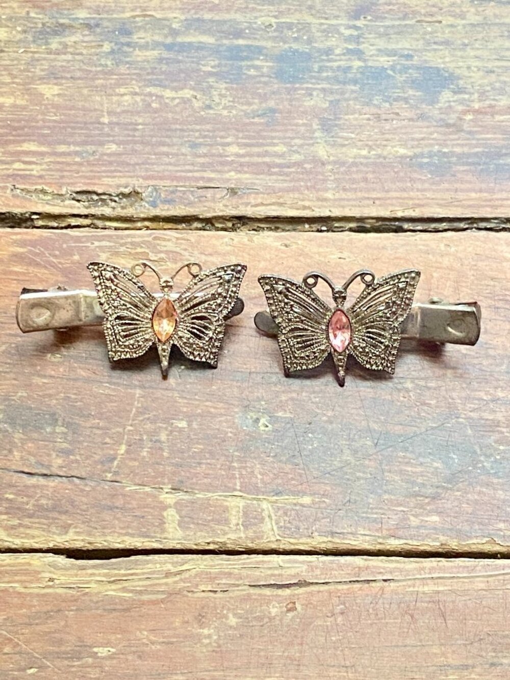 Butterfly Vintage Hair Clip Pink Rhinestone Filigree Barrette Silver PAIR Y2K